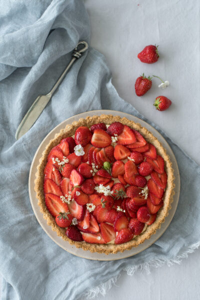 Elderflower & Strawberry Tart with an oat and almond crust