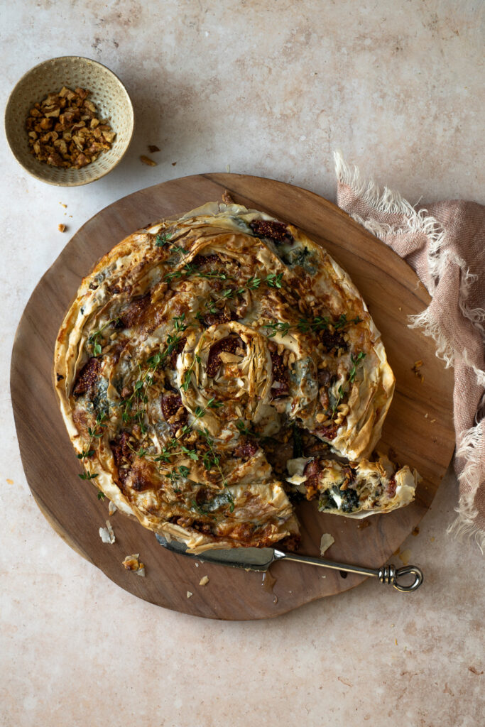 Blue Cheese Fig and Walnut Filo Tart with ripe figs and honey drizzle